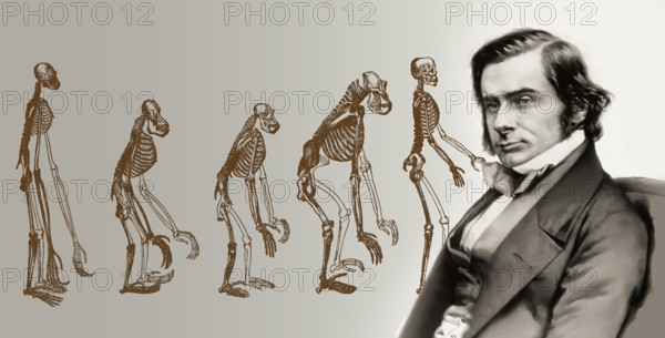 Portrait of Thomas Henry Huxley, 1825 – 1895, English biologist and anthropologist, specialized in comparative anatomy, frontispiece to his book „Evidence as to Man's Place in Nature“, 1863, digitally edited