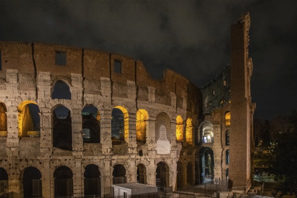 The Colosseum, famous and unique historical building of the Eternal City. View in the morning with great lighting, light installation. no people, Rome, Italy