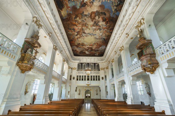 The organ loft with ceiling fresco of the Roman Catholic Church of St Verena, Bad Wurzach, Allgäu, Baden-Württemberg, Germany