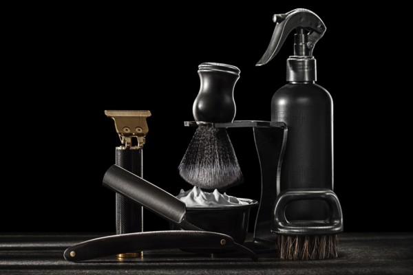 Black Tools Of Barber. Straight Edge Barber Razor Shaving Brush On Stand Beard Brush Professional Hair Clippers Trimmer Cutting Beard Cordless Barber Shaving Machine Water Sprayer