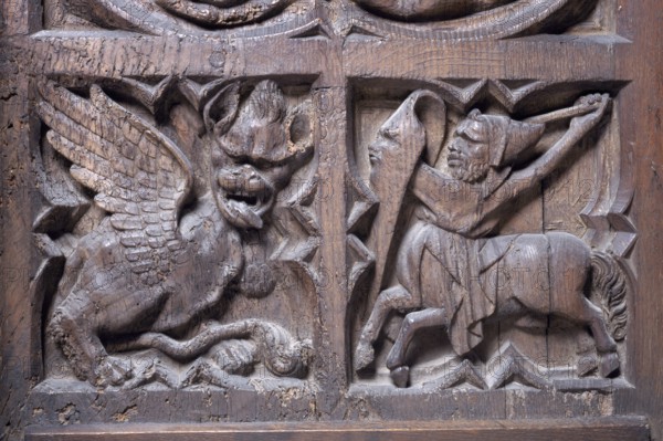 Detail of the choir stalls, fight with a dragon, St, Saint, Saint