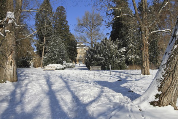 Snow-covered palace garden of Hohenheim Palace, University of Hohenheim, Stuttgart, Baden-Württemberg, Germany