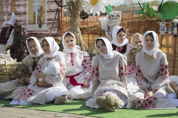 Belarus, the city of Gomil, 14 September 2019. city festival. A group of Slavic woman in national dress. Young Ukrainian or Belarusian girls in embroidered shirts