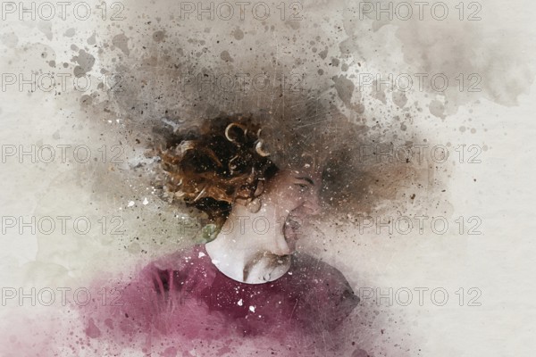 Watercolor of beautiful teen girl shaking head with curly hair on brick background