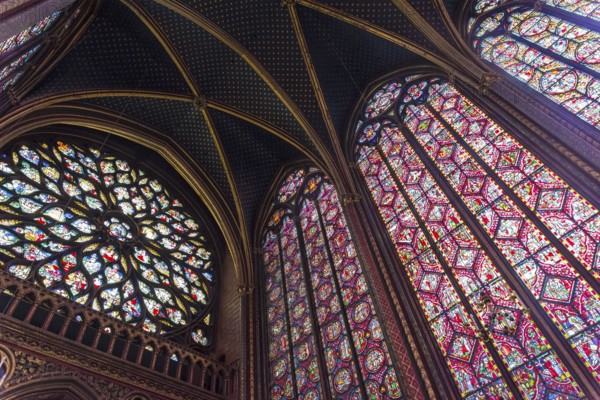 Paris, France, August 31, 2018: Sainte-Chapelle, the stained glass windows of the Upper Chapel. Paris, France