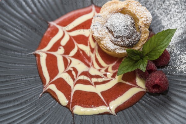 Pasteis de Nata - Portuguese custard tart with fruit sauce, raspberry for dessert