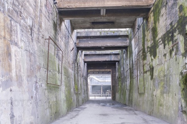 A concrete tunnel with weathered surfaces and exposed sections, evoking decay