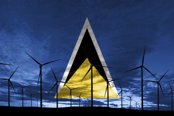 Saint Lucia flag wind farm at sunset, sustainable development, renewable energy Wind Turbines