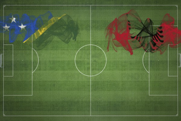 Solomon Islands vs Albania Soccer Match, national colors, national flags, soccer field, football game, Competition concept, Copy space