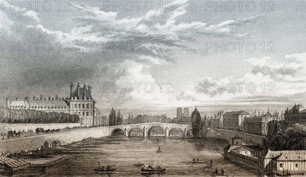 Panorama of Paris with Notre-Dame de Paris, antique steel engraved print, 1831