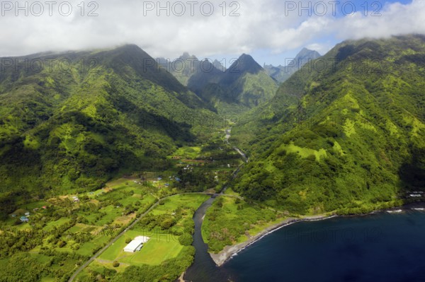 Aerial view of Vaitephiha Valley, Tahiti, French Polynesia