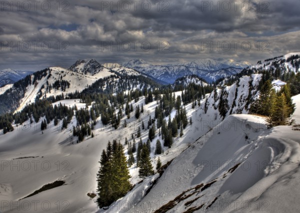View from Seekarkreuz to Bavarian Alpine foothills, Germany, FRG, Mangfall mountains, Bavaria