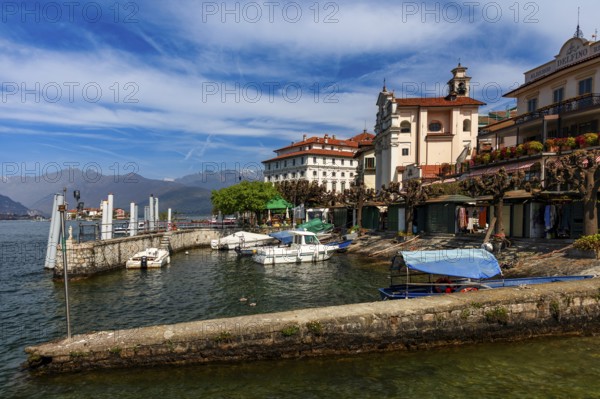 View of the landing stage with Palazzo Boromeo, Borromean Island Isola Bella in Lake Maggiore, Piedmont, Italy