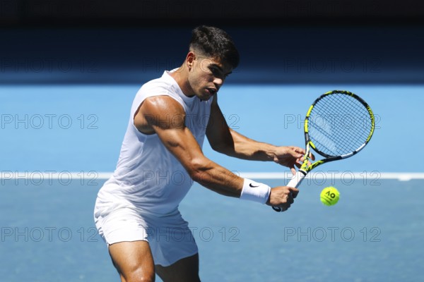 MELBOURNE, AUSTRALIA, JANUARY 11: Carlos Alcaraz of Spain completes a training session with Stan Wawrinka of Switzerland ahead of the 2024 Australian Open at Melbourne Park on January 11, 2024 in Melbourne, Australia