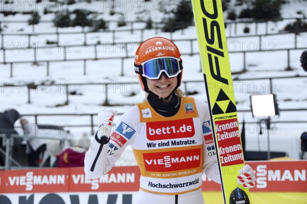 Marita Kramer Austria is all smiles after her second victory on the Hochfirstschanze at the FIS Ski Jumping World Cup Women Neustadt 2021