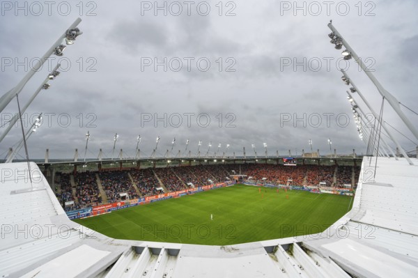 LUBIN, POLAND - AUGUST 6, 2023: Football match Polish PKO Ekstraklasa between KGHM Zaglebie Lubin vs Lech Poznan 1:1. Aerial view at the stadium from the roof.