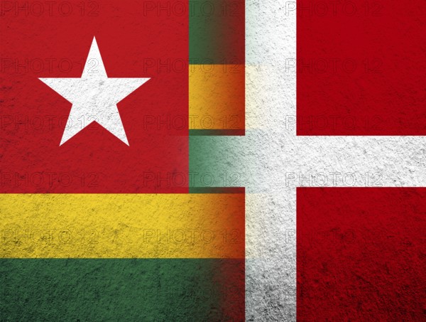 The Kingdom of Denmark National flag with The Togolese Republic Togo National flag. Grunge Background