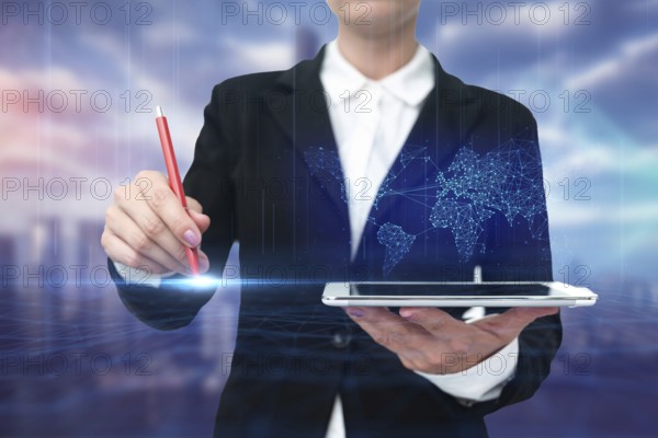 Lady In Uniform Standing Holding Tablet Typing Futuristic Technologies