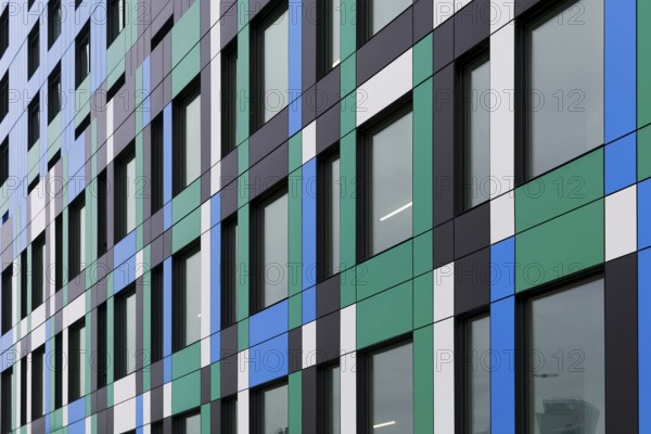 Colourful facade on modern architecture, Montreal, Province of Quebec, Canada