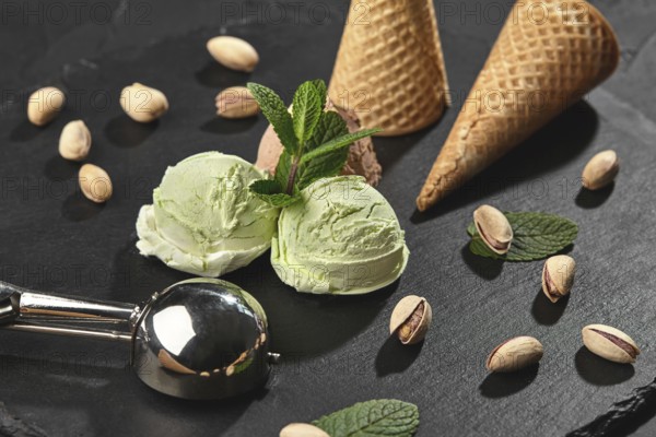 Frozen chocolate and pistachio ice cream decorated with mint, waffle cones with scattered pistachios are nearby, served with a scoop on a stone slate over a black background. Close-up