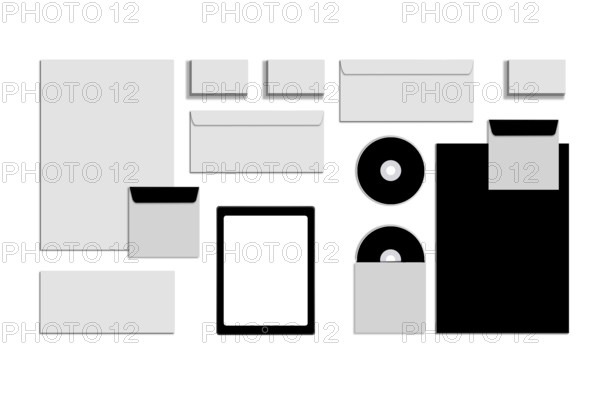 Black white and gray color mock-up of stationery, a template for brand identification on a white background. For presentations and portfolio of graphic designers. Envelopes, sheets of paper