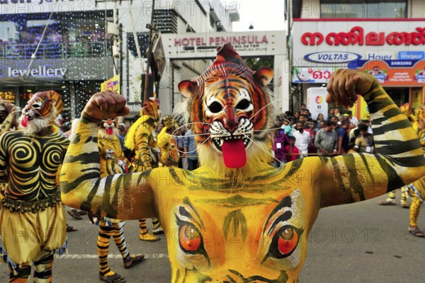Pulikali Tiger Dance procession, Onam festival, Thrissur, Kerala, India, Asia