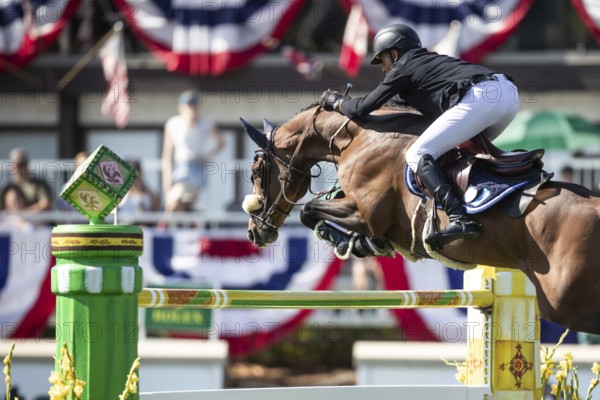 Sameh El Dahabn of Great Britain and riding WKD Toronto compete in the first round of the 1.60m CPKC International during the Spruce Meadows Masters, presented by Rolex, in Calgary, Alberta, Canada, North America