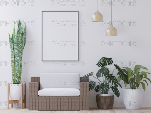 Living room on the white wall, little tree and couch minimal style, frame form mock up - 3D rendering -