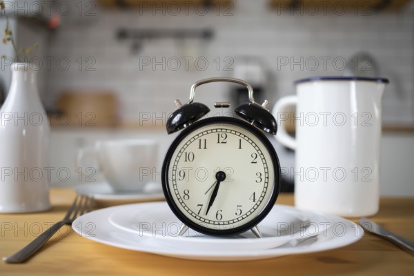 Intermittent fasting concept alarm clock on kitchen table