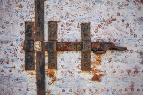 Rusty door lock, old church door, detail, Pyrgos, island of Santorini, Cyclades, Greece