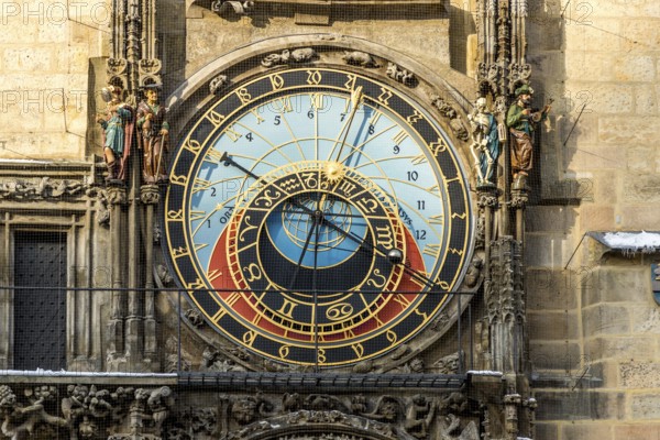 Detail of an astronomical clock with ornate figures and richly decorated details, The Prague Town Hall Clock, also known as the Apostle Clock or Old Town Astronomical Clock, Czech Pražský orloj or Staromestský orloj (from Latin horologium 'clock')