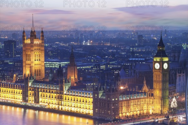 Elevated view of the Houses of Parliament at dusk, London, England, United Kingdom