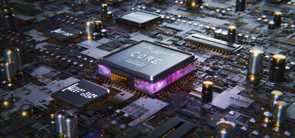 Smart technology circuit board. High performance processors CPU and motherboard chip concept. 3d rendering