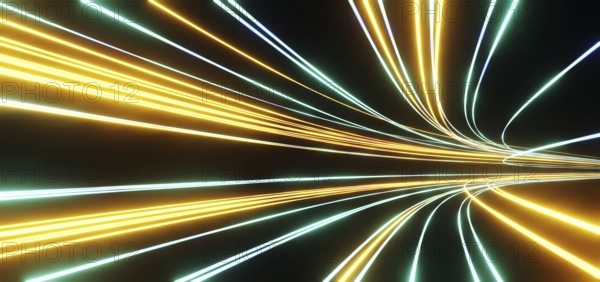 Dark background with colorful track of glowing lines, curve path of speed lights, futuristic speedy graphic design element. 3d rendering
