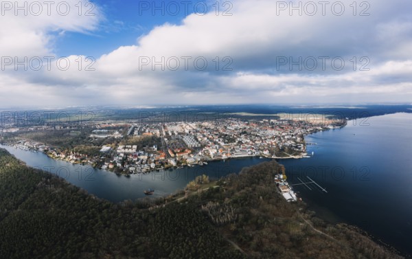 Aerial high resolution panorama shot of Friedrichshagen, Koepenick in south east Berlin in spring with sunny weather, Germany