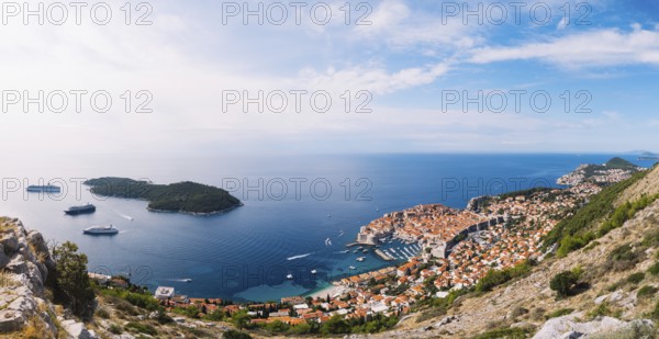 Aerial top view on the old city of Dubrovnik, from the observation deck on the mountain above the city. Film location. The view of the city is based on the Royal Harbor