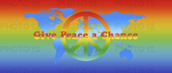 World Map in Peace Colors, Text and Sign 3D illustration