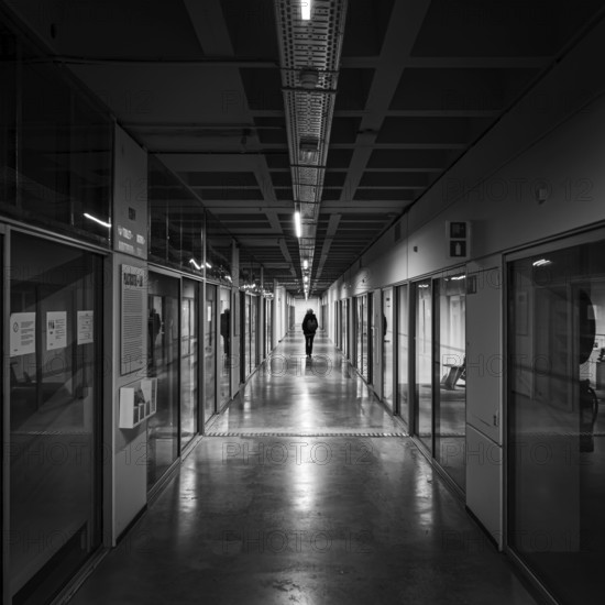 Laeken, Brussels, Belgium, 12 28 2022, Square perspective of the corridor at the Brussels Design museum ADAM