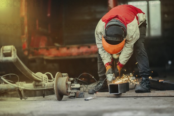 A worker cutting metal with a grinder creating sparks in a workshop