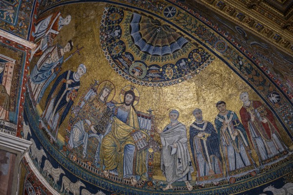 Apse, mosaic with the Coronation of the Virgin, 12th century, work of Pietro Cavallini, The Basilica of Santa Maria in Trastevere, Founded in the 3rd century by Pope Callistus I, Rome, Lazio, Italy