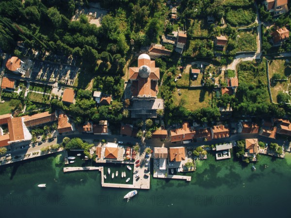 Prcanj, Montenegro The Bay of Kotor. Church of the Nativity of the Virgin. Aerial photography, Kotor Municipality, Montenegro