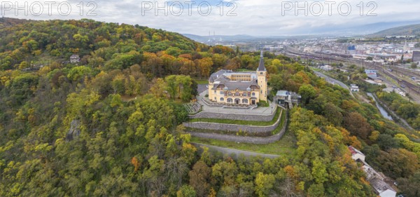 Vetruse lookout point and hotel over Usti nad Labem city In autumn it is cloudy during the day