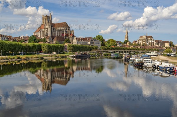 The three churches of Auxerre seen from Pont Paul Bert, Yonne river, Auxerre, departement Yonne, Burgundy, France