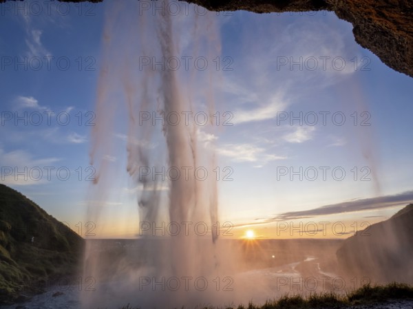 Sunset at Seljalandsfoss waterfall, South Iceland, Iceland