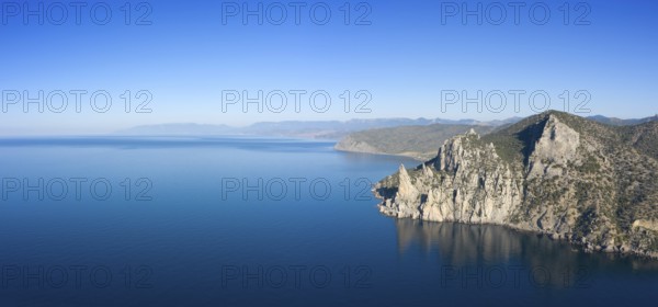 Aerial view of beautiful mountain rocks and sea landscape in Crimea