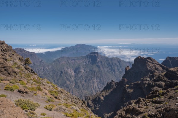 Volcanic landscape in Roque de los muchachos, highest peak of la Palma island, Canary island, Spain
