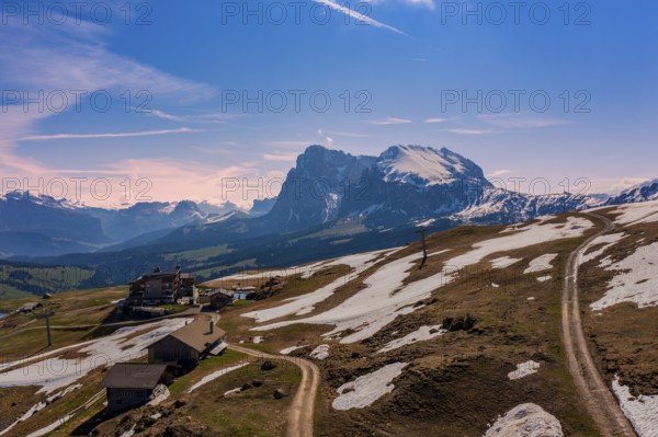 Panoramic view from the Seiser Alm to the Dolomites in Italy, drone shot
