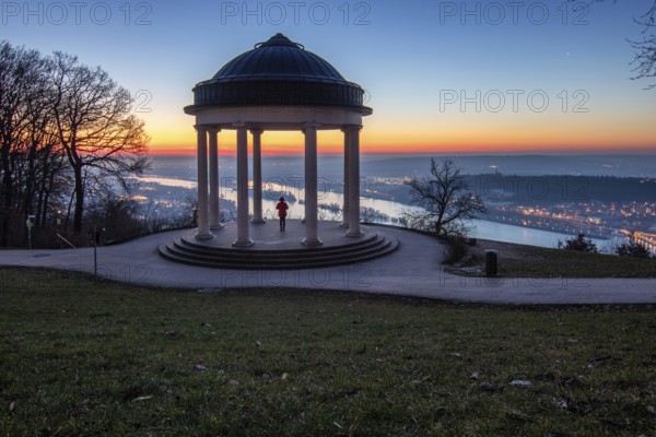 Beautiful temple in a landscape shot. Sunrise on a winter morning. Beautiful view along the Rhine at the Niederwaldtempel, Niederwalddenkmal, Hesse, Germany