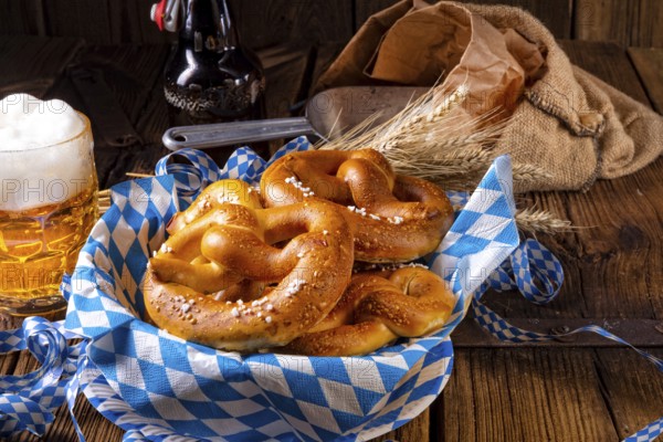 Real homemade bavarian salty pretzel with beer
