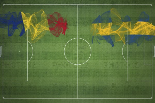 Romania vs Sweden Soccer Match, national colors, national flags, soccer field, football game, Competition concept, Copy space